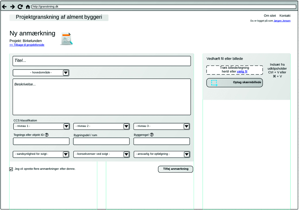 Figur 7. Eksempel på skærmbillede af system for registrering af anmærkninger fra granskning.